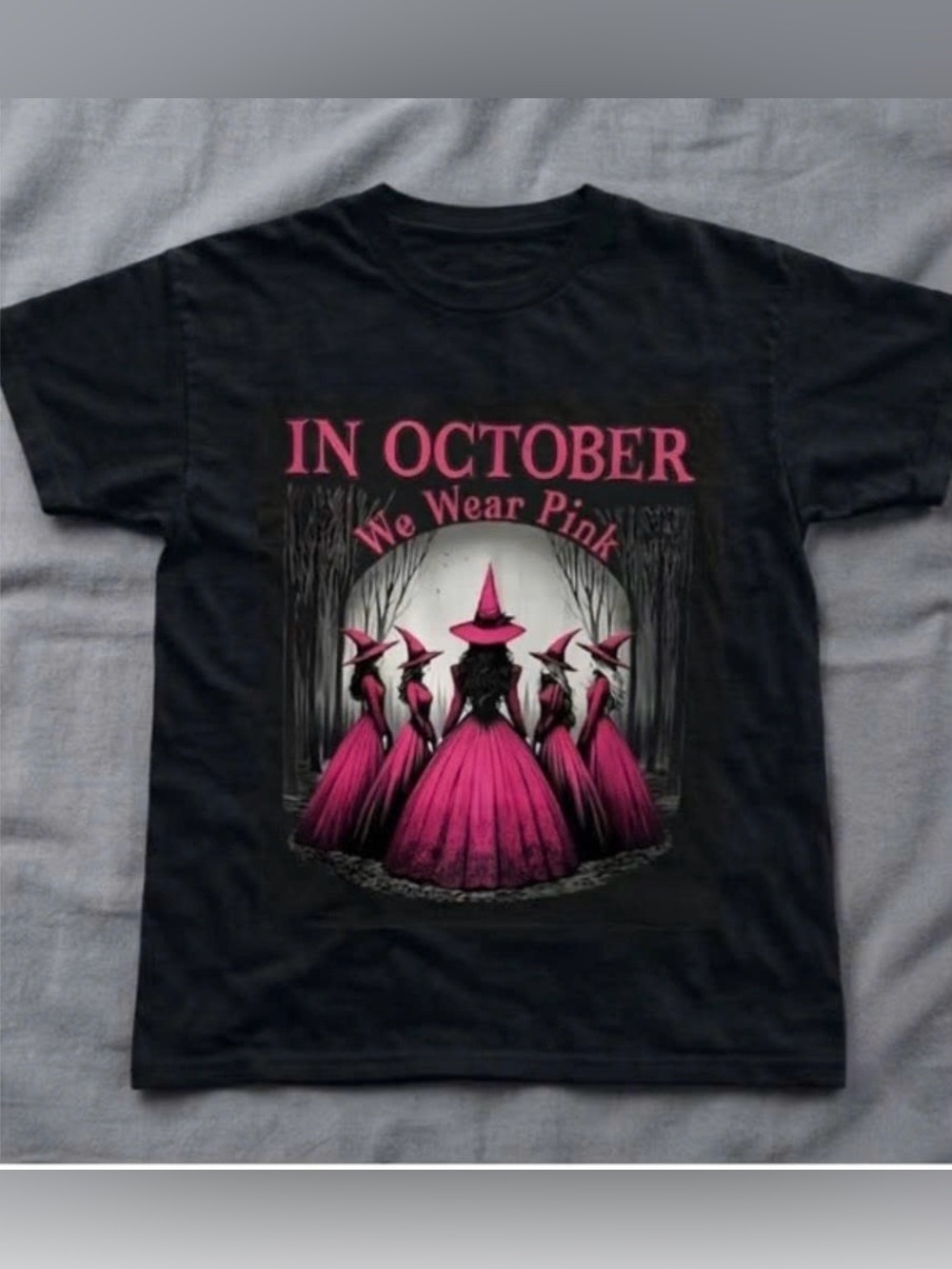 Vintage Black T-Shirt with Pink Witch Graphic - 'In October We Wear Pink'